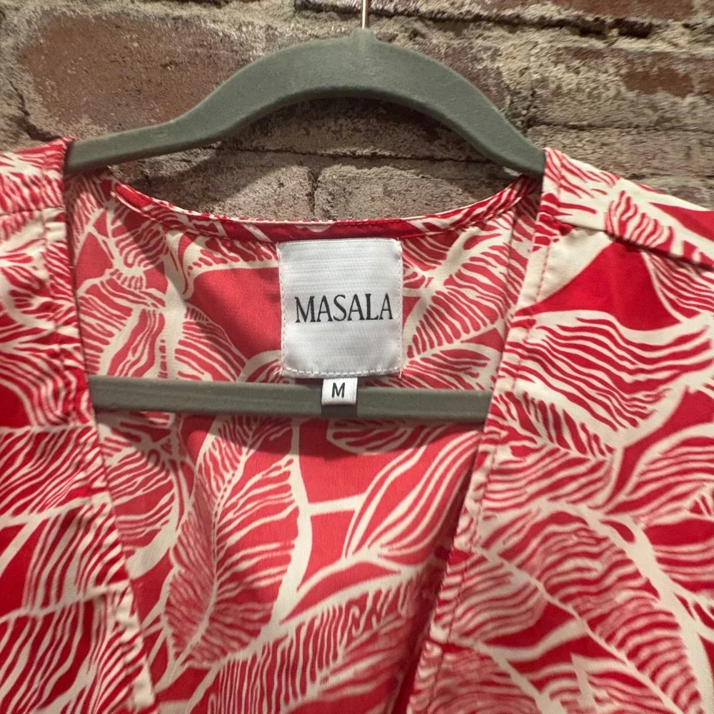 Masala Red White Tropical Leaf Print Maxi Dress V Neck Smocked Dress Size Medium - Picture 4 of 8